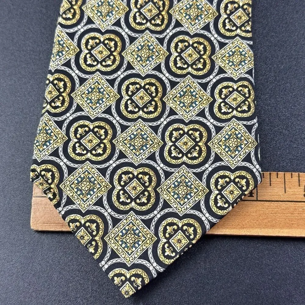 Christian Dior Silk Neck Tie Men Geometric Medallion Black Yellow Made in Canada